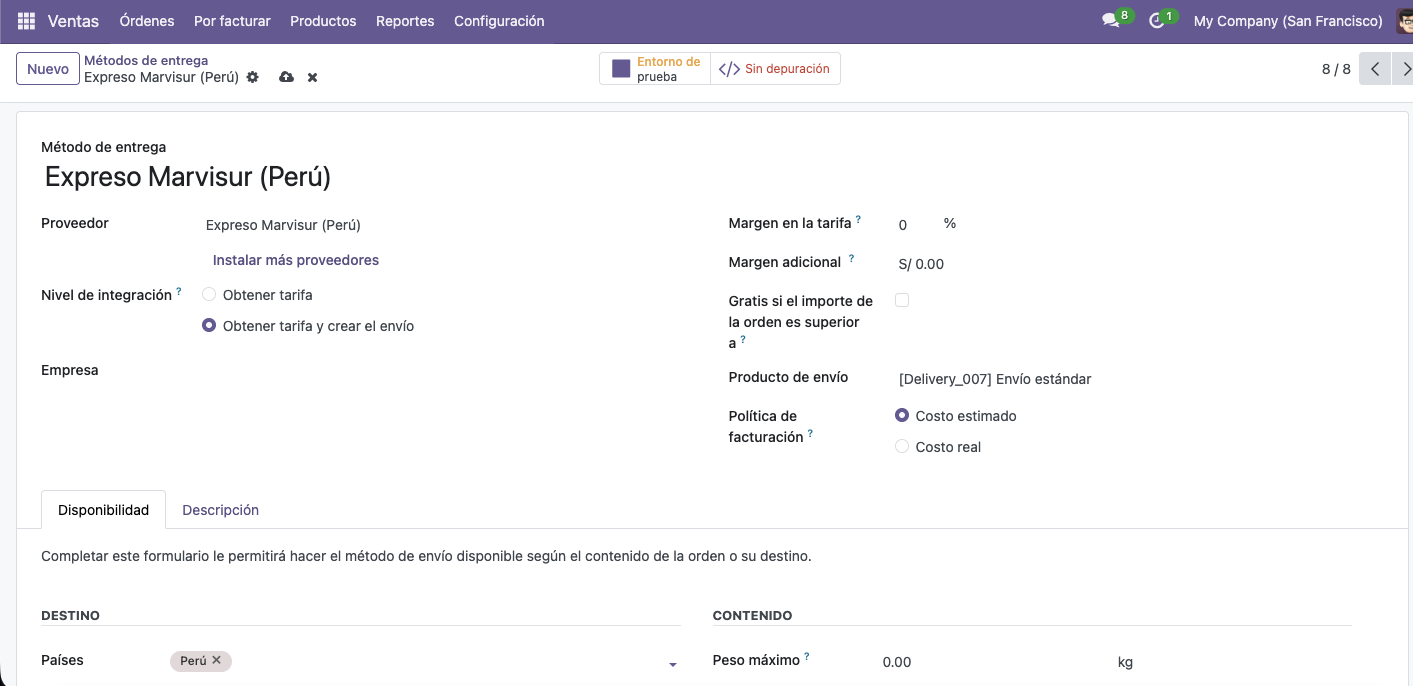 Configuración de Método de Envío Expreso Marvisur