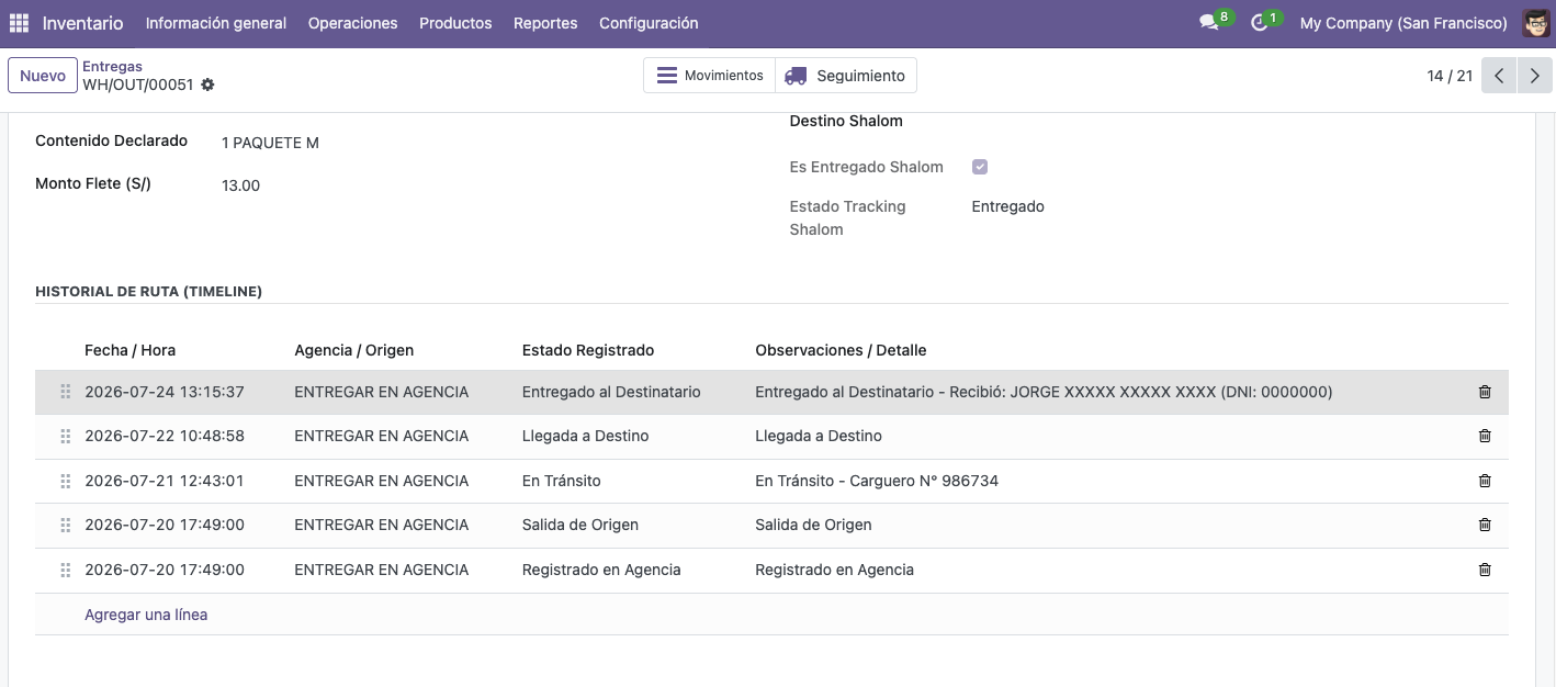 Historial de Ruta Shalom Express