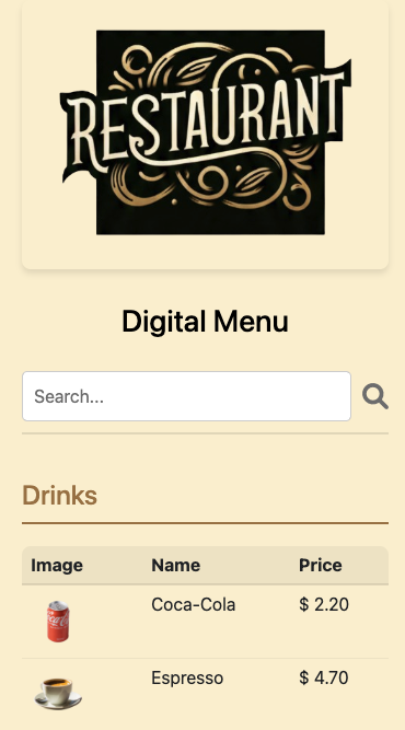 View of Digital Menu
