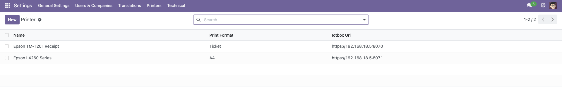 Printer Configuration Menu
