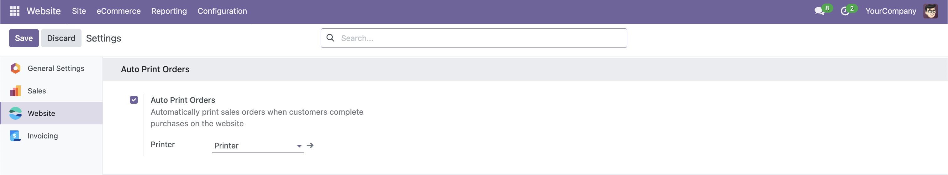 Website Auto Print Settings